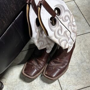Brown Leather Cowboy Boots with White Embroidered Chaps